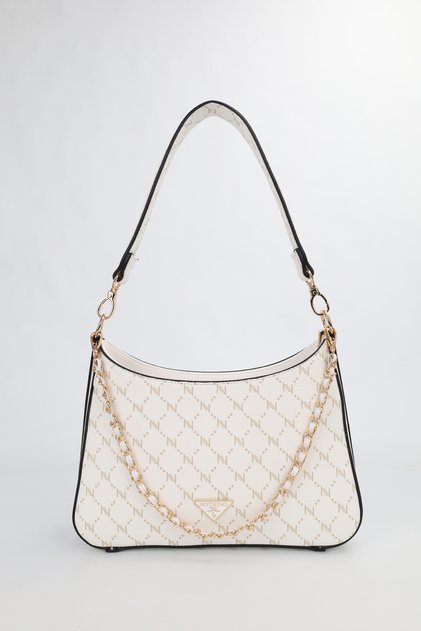 Women's Premium Zippered Patterned White Belt Strap Chain Detailed Hand Shoulder Crossbody Bag Alba