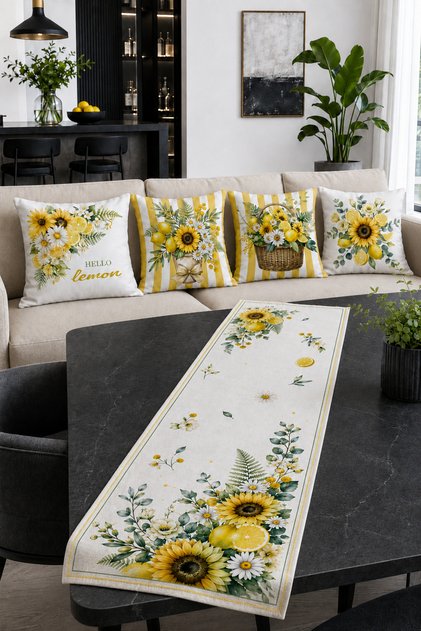 Yellow Lemon and Sunflower Patterned Runner and Set of 4 Throw Pillow Covers Hello Lemon