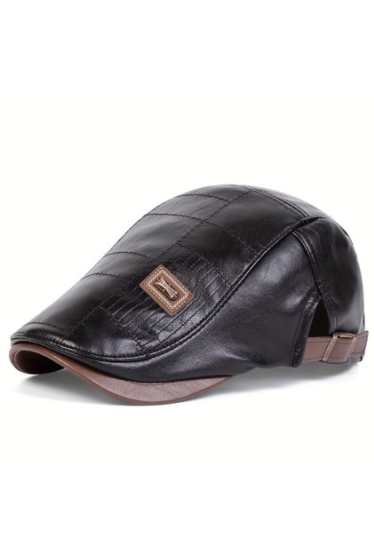 Men's Faux Leather Glasses Hat Square Stitching Detailed Adjustable Flat Cap 3 Colors