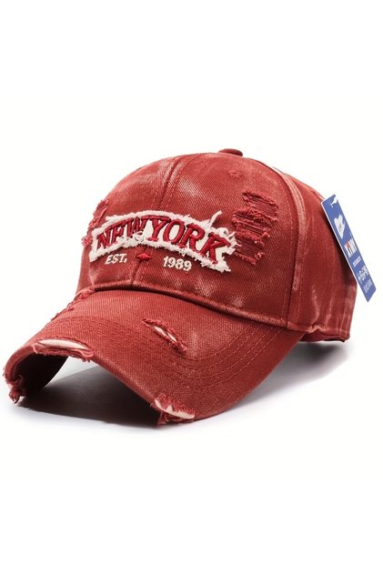 Ünise Washed Cotton Baseball Cap New York Embroidered Ripped Detail Vintage 4 Colors
