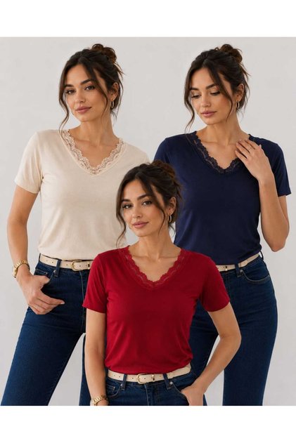Sashaa Collection Women's 3-Piece V-Neck Ruched Viscose Body Blouse, Burgundy-Beige-Navy Blue, Casual Stylish Combination