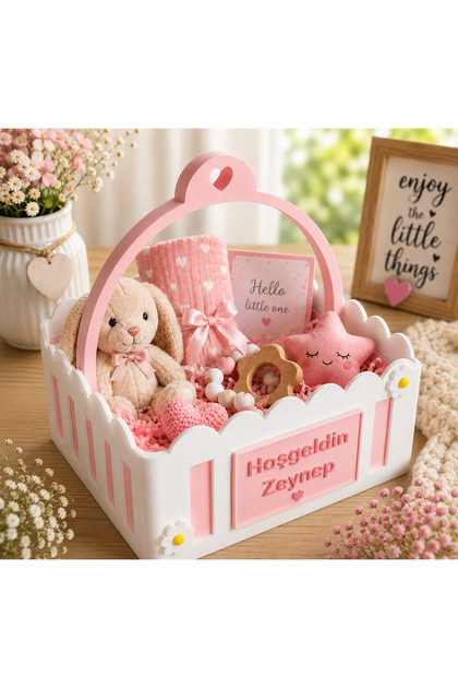 Kişiye Özel Hoş Geldin Bebek Hediye Sepeti | İsimli Dekoratif Organizer | Kız & Erkek Bebek İçin (22.5x22.5x20)