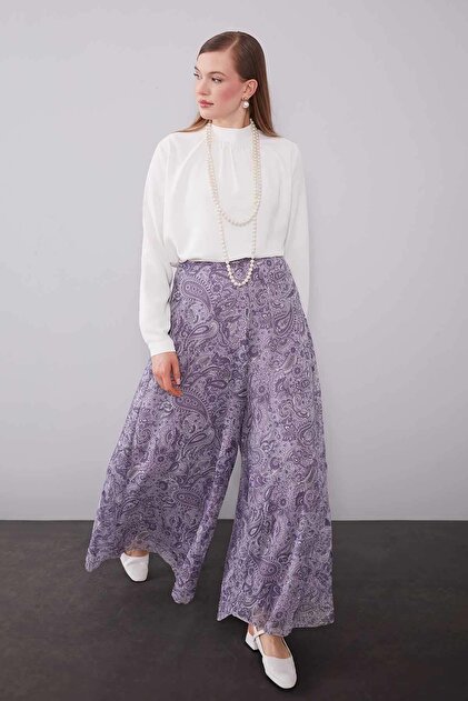 Purple Motif Patterned Chiffon Trousers