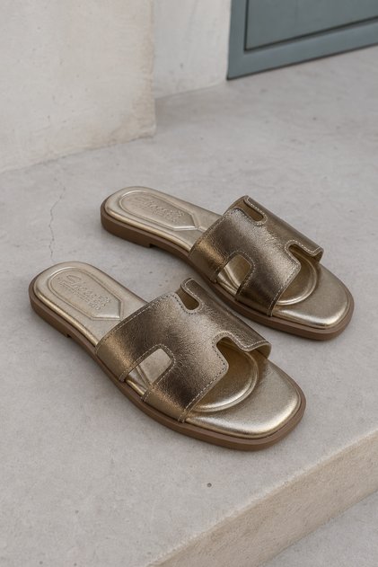 Women's Gold Metallic H-Strapped Flat Sole Comfortable Daily Summer Slippers