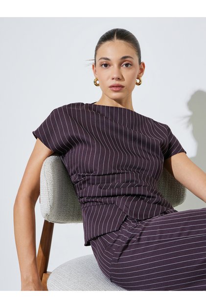 Brown Pinstripe Asymmetric Hem Top