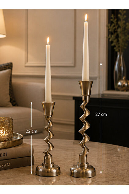 Burgu Model 2Li Metal Eskitme Renk Dekoratif Şamdan Mumluk 22-27cm