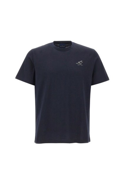 Men's Regular Fit Round Collar Fin Patterned Cotton Short Sleeve Navy Blue T-Shirt