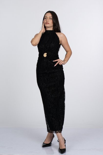 Women's Summer Black Alessi Neck Tie Detailed Glitter Tulle Long Evening Dress 4023