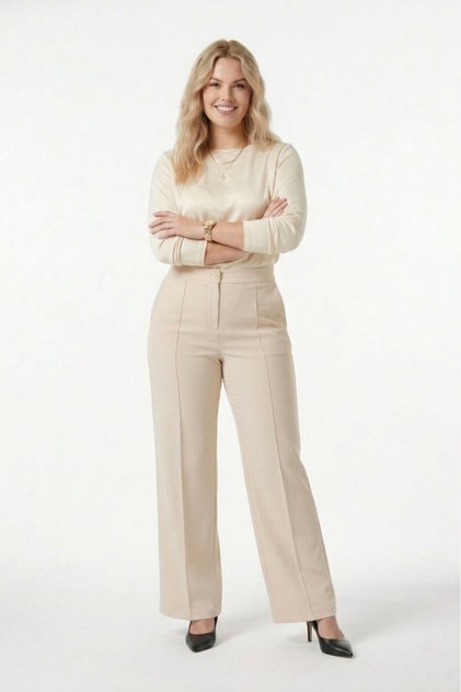Women's Beige Large Size Crepe Trousers Palazzo Elastic Waist Full Lycra Flexible Pocketless Button Detailed Oversized Wide Leg