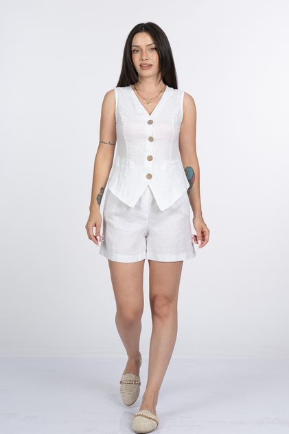 Women's Summer White Elysian Linen Vest and Pocketed-Flat Elastic Waist Shorts Set 1329
