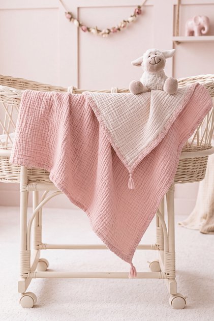 100% Cotton Muslin Baby Blanket 110X110 Cm, Stroller Cover with Hand-Embroidered Tassels on the Edge