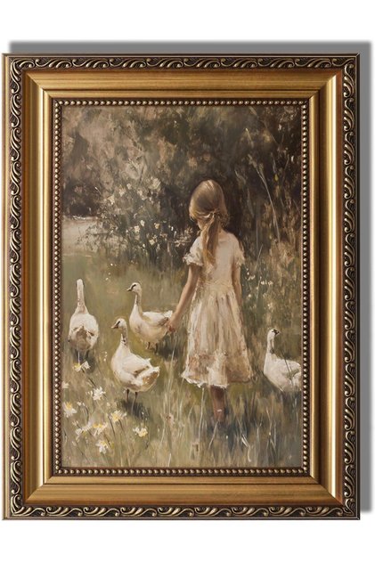 Framed Vintage Goose Girl Canvas Wall Art Farmhouse Decor (60x80 cm)