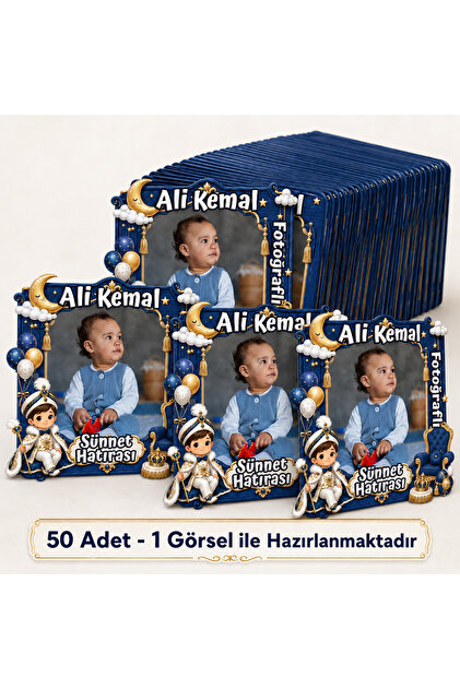 50 Adet Kişiye Özel Fotoğraflı Erkek Çocuk Sünnet Magneti Lacivert Gold Prens Konseptli