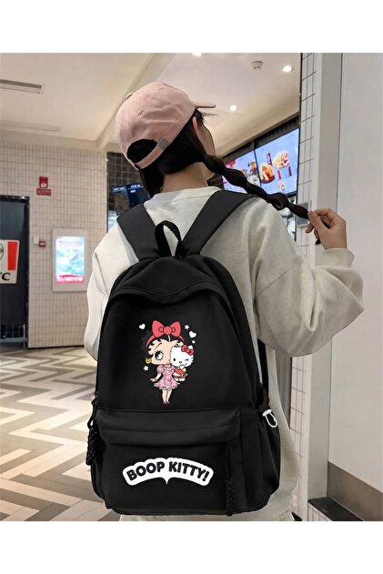 Black Boop! Kıtty Printed School, Class, Course Backpack