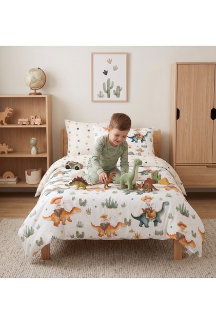 Montessori Duvet Cover (100X200) and Elastic Sheet Set |   Dino