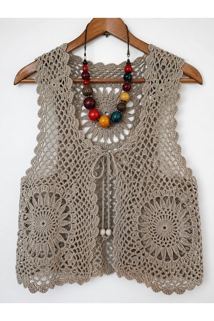 Women's Mink Motif Hand-Knitted Vest – Bohemian Lace Vest with Ties