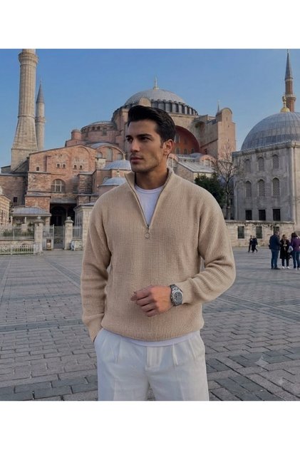 Men's Winter Thick 100% Cotton Stand-Up Collar Basic Knitwear Sweater