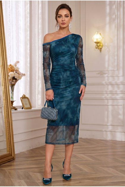 Rochie de seară midi, dreaptă, cu mâneci din tul transparent, cu un singur umăr