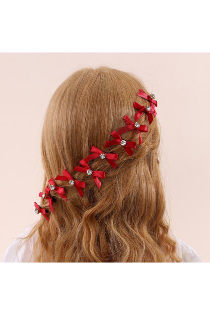 Pack of 10 Girls Red Bow Rhinestones Embellished Hair Accessories