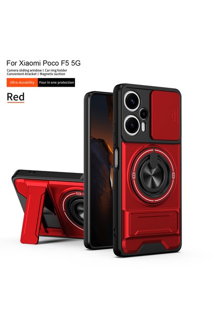 Poco F5 Case & Holder SJZJ red Armor Shockproof Phone Case For Xiaomi Poco F5 5G Sliding Camera Cap