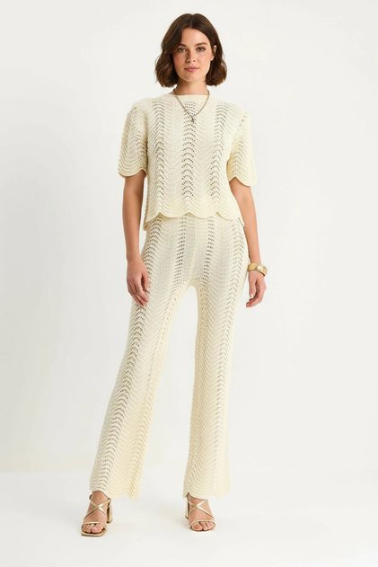 Women's Openwork Detailed Wave Patterned Top and Bottom Knitwear Cream Set