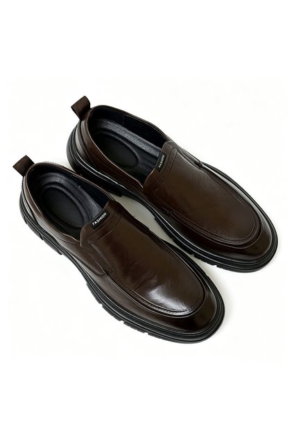 Brown Leather Slip-On Loafers for Men | Height Increasing Chunky Sole Shock Absorbing Casual Formal Shoes, Breathable Soft Leather Driving & Daily Commute Shoes