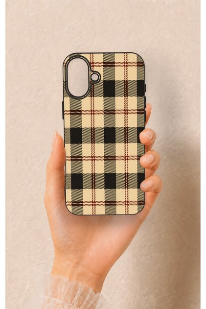 iPhone 16 Plus Compatible Cream Plaid Pattern Silicone Case