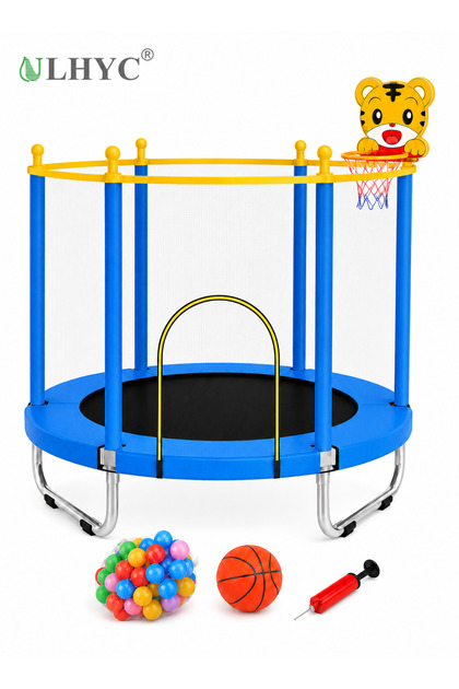 55-Inch Kids Indoor/Outdoor Trampoline, Safety Net, Basketball Hoop, Ocean Balls, Silent Pads, Blue
