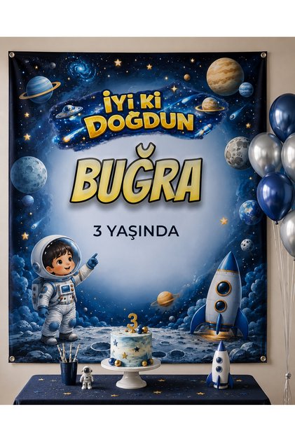 Astronot Uzay Temalı Kişiye Özel Erkek Çocuk Doğum Günü İyi Ki Doğdun Afişi - Dikey Vinil Branda Pankart
