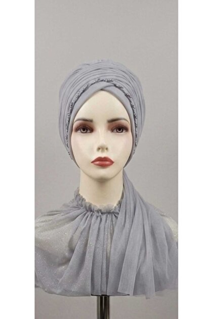 Simsiz Açık Gri Boncuklu Bone.Hazir Turban,Hazır Duvak,Hazır Şal,Abiye Şal, Düğün,Sünnet,Mezuniyet