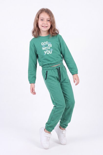 Girl's Crew Neck Short Cut Printed Double Pocket Tracksuit Set
