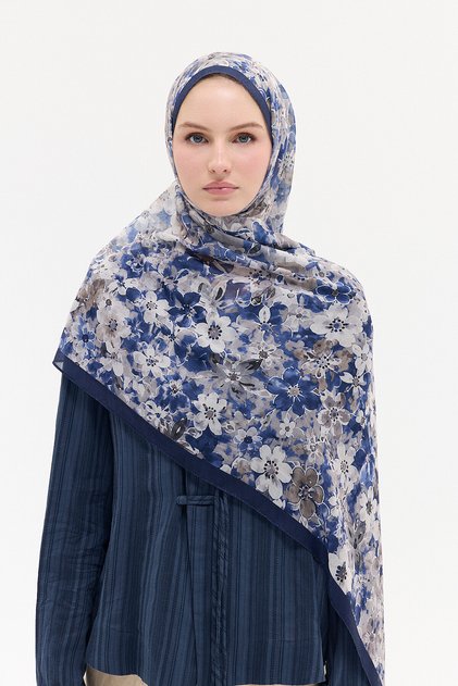 Crispy Floral Pattern Soft Cotton Shawl - Navy Blue