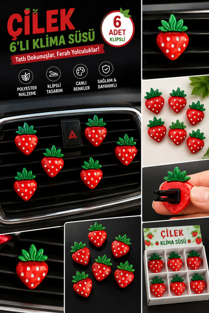 6-Piece Strawberry Figured Car Air Conditioner Ornament Set with Clips for Car Interior Decoration – Red White Green