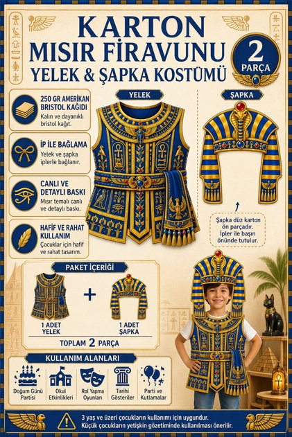 Kids Pharaoh Costume 2-Piece Cardboard Vest and Hat Set – Ancient Egypt School Performance Costume with String Ties