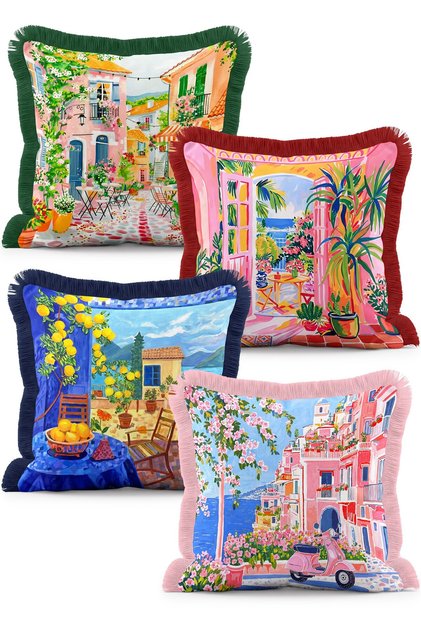 Italian Coastal Town and Lemon Tree View 4-Piece Fringed Throw Pillow Cover Set