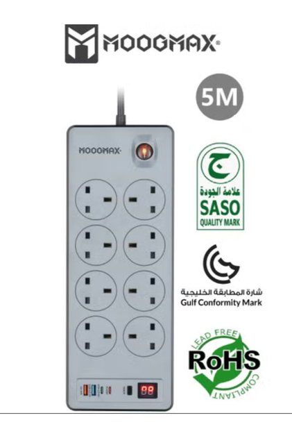 توصيلة كهربائية بيرتا بثمانية أفياش (مقابس) كهربائية بقوة 2990 واط ومزودة بأثنين منافذ تايب سي ندعم الشحن السريع حتى 20واط و أثنين منافذ يو اس بي (USB-A) متوافقة مع اغلب الأجهزة، وصله. بطول 5 متر .