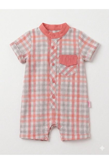 Tongs Baby Boy Checkered Plaid Shirt Romper: Summer Romper with Stand Collar, Pockets, and Snap Closures between Legs - Coral