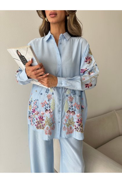 Women's Oversize Shirt with Beading on Front, Back and Sleeves