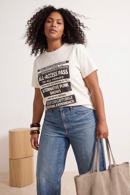 Ecru Trok & Print Detailed Oversized Knitted T-Shirt Tbbss26Bf00050