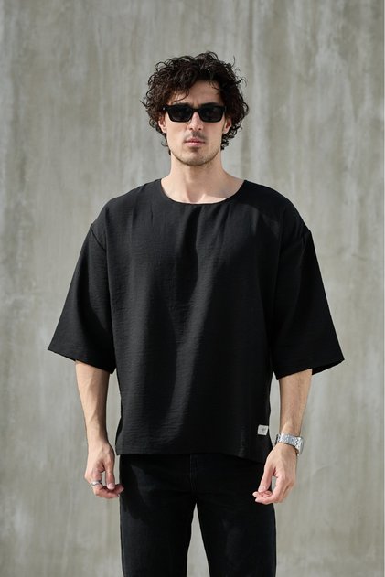Erkek Fakir Kol Oversize Keten Görünümlü T-shirt