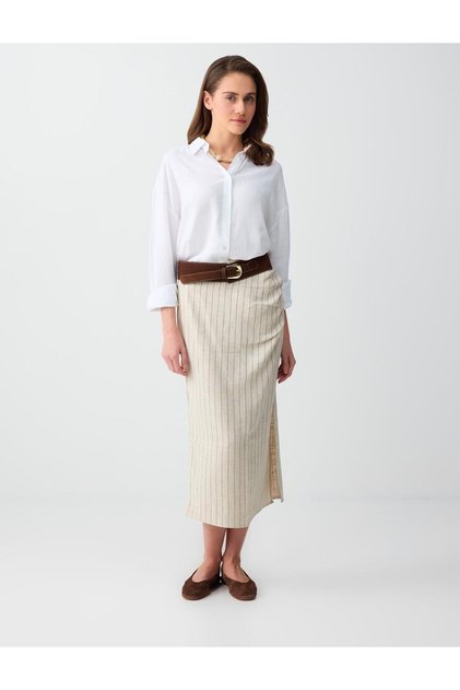 Stone Stripe Patterned Regular Waist Linen Blend Midi Skirt