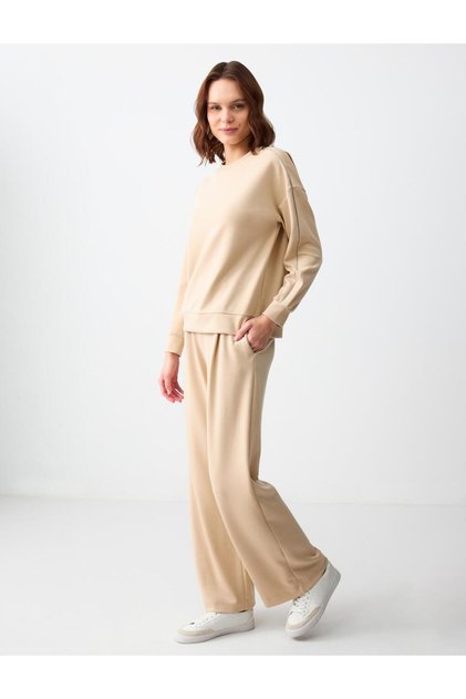 Beige Relaxed Fit High Waist Wide Leg Knitted Modal Trousers