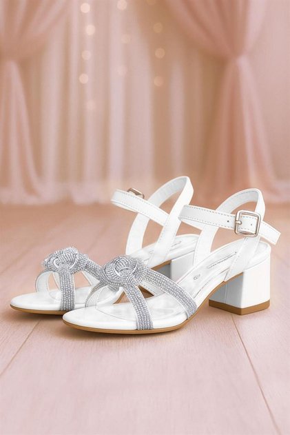 White Knitted Stoned Girl's Evening Dress Thick Heeled Shoes