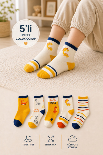 5 Pairs of Dinosaur Patterned Baby Socks and Children's Socks