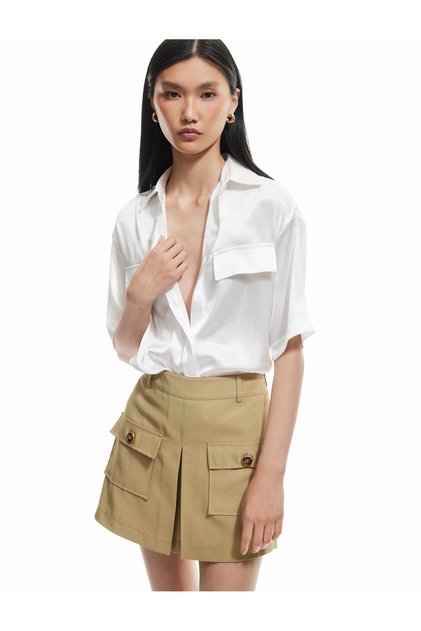 Short Sleeve Satin Shirt with Flap Pocket Detail