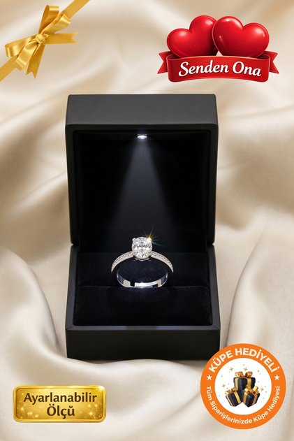Işıklı Hediye Kutulu Evlenme Teklifi Yüzüğü 925 Ayar Luxury Serisi Pırlanta Montürlü Yuvarlak Kesim Tektaş Nişan Gümüş Küpe Hediyeli Tek Taş Sevgiliye Evlilik Teklifi İçin Ayarlanabilir Zarif Yüzük