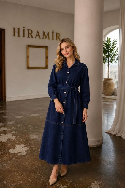 Kadın Günlük Şık Kuşaklı Denim Kot Elbise YZ2605