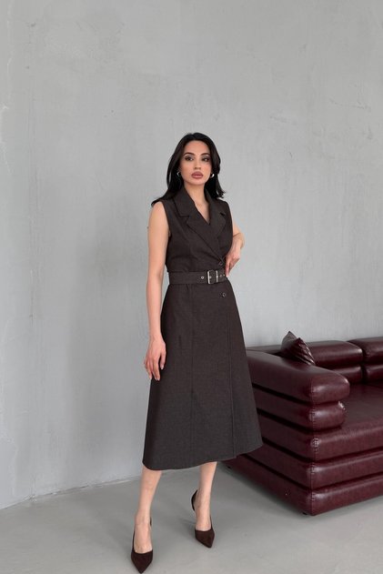 Brown Double-Breasted Collared Sleeveless Buttoned Midi Dress