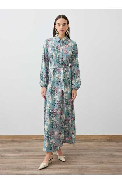 Mint Floral Patterned Hijab Dress with Handle Detail - Mint Floral Patterned -