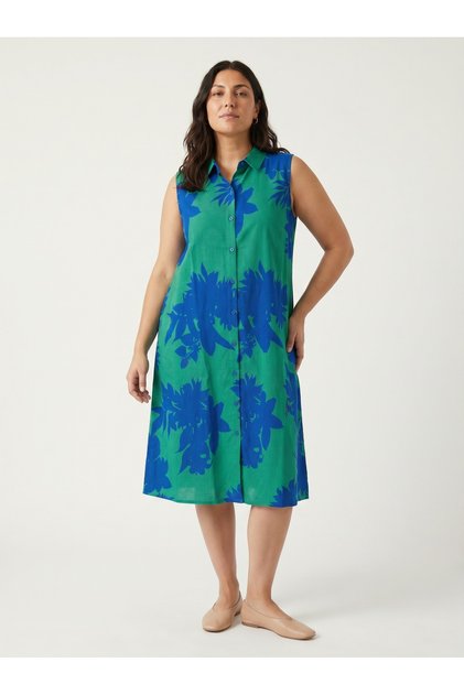 Women's Plus Size Midi Dress Shirt Collar Buttoned Viscose Floral Patterned Green